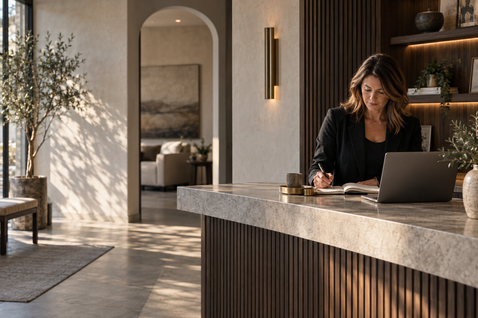 A local business owner reviewing plans inside a refined service business